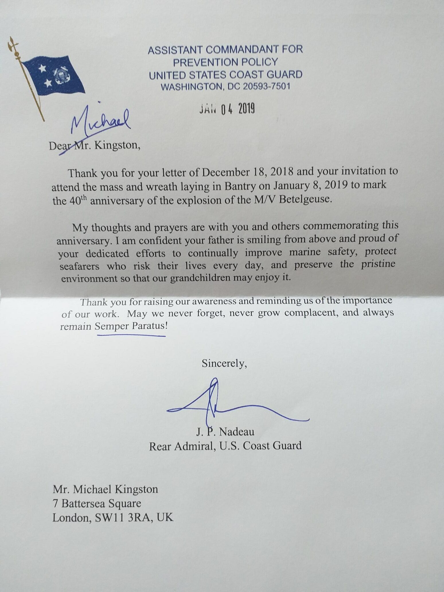 Letter from US Coastguard